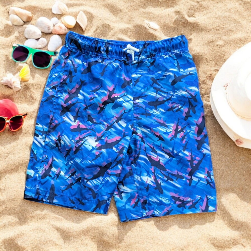 Lands' End Shark Black and Blue Swim Trunks Quick-Dry Fabric